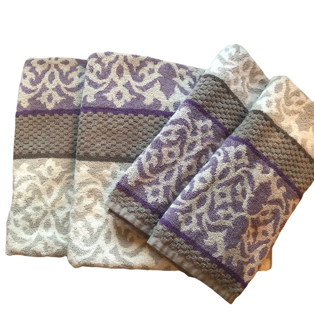 Beau Monde Luxurious Towel Set, 2 Bath, 2‎ Hand, Damask/Stripe/Waffle Weave-NWOT